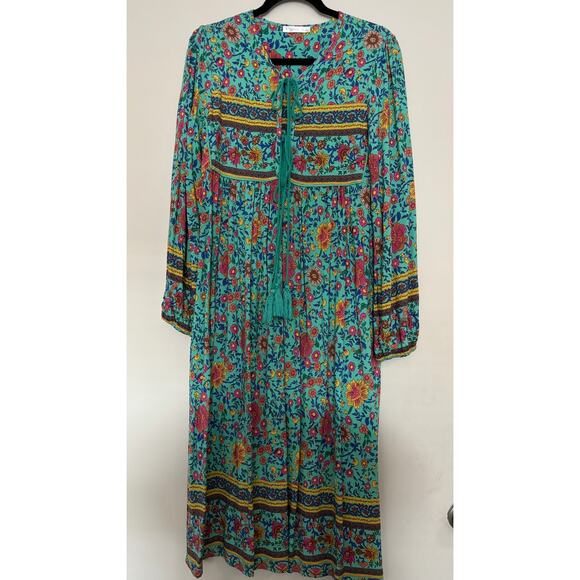 R. Vivimos Floral Boho / Peasant Midi Dress Womens Size Small 4/6 Green - Picture 2 of 4